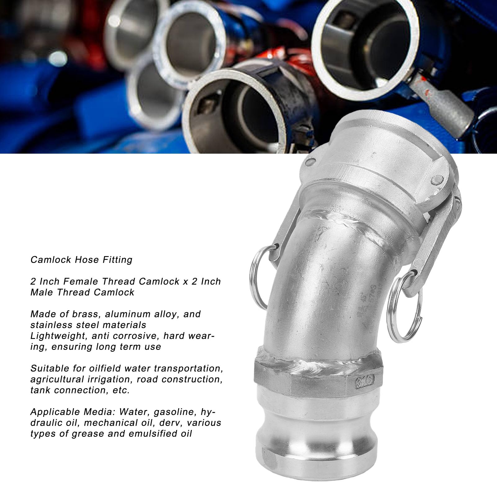 VBESTLIFE Conector de Manguera con Ranura y Leva DA, Codo de 45 Grados | Acoplamiento de manguera Camlock de rosca hembra de 2 pulgadas x rosca macho de 2 pulgadas, para agua gasolina aceite