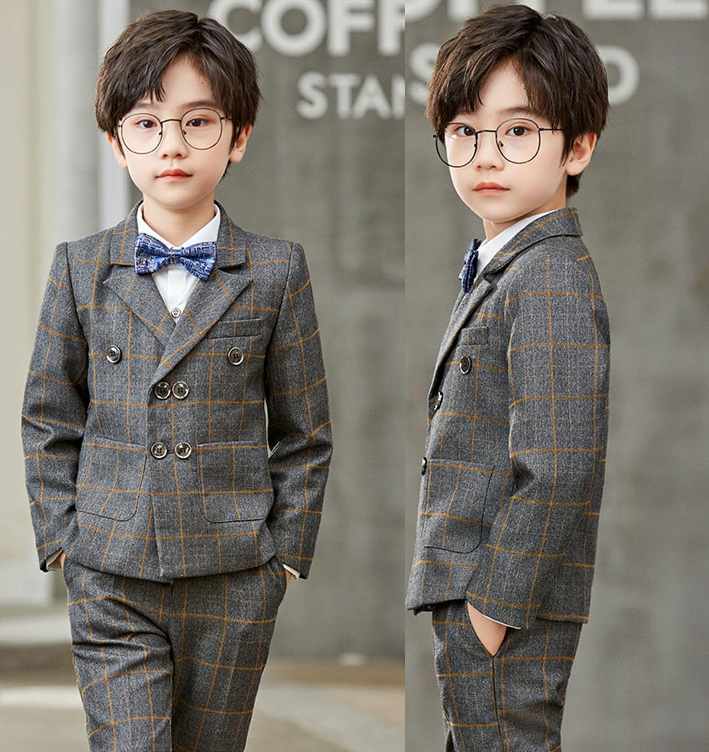 Boys' Checked Suit Three Pieces Double Breasted Buttons Complete Wedding Outfit