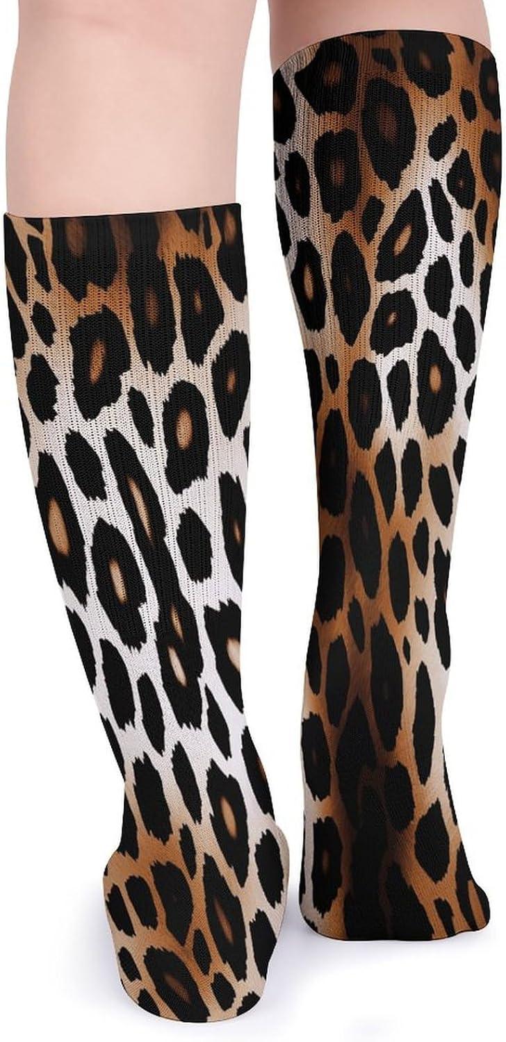 Leopard Print3 Crew Socks High Stocking Thermal Socks | Tube Socks-Breathable-Moisture-Soft-wicking for Hospital Pilates Yoga for women men Grippy for office and daily walking