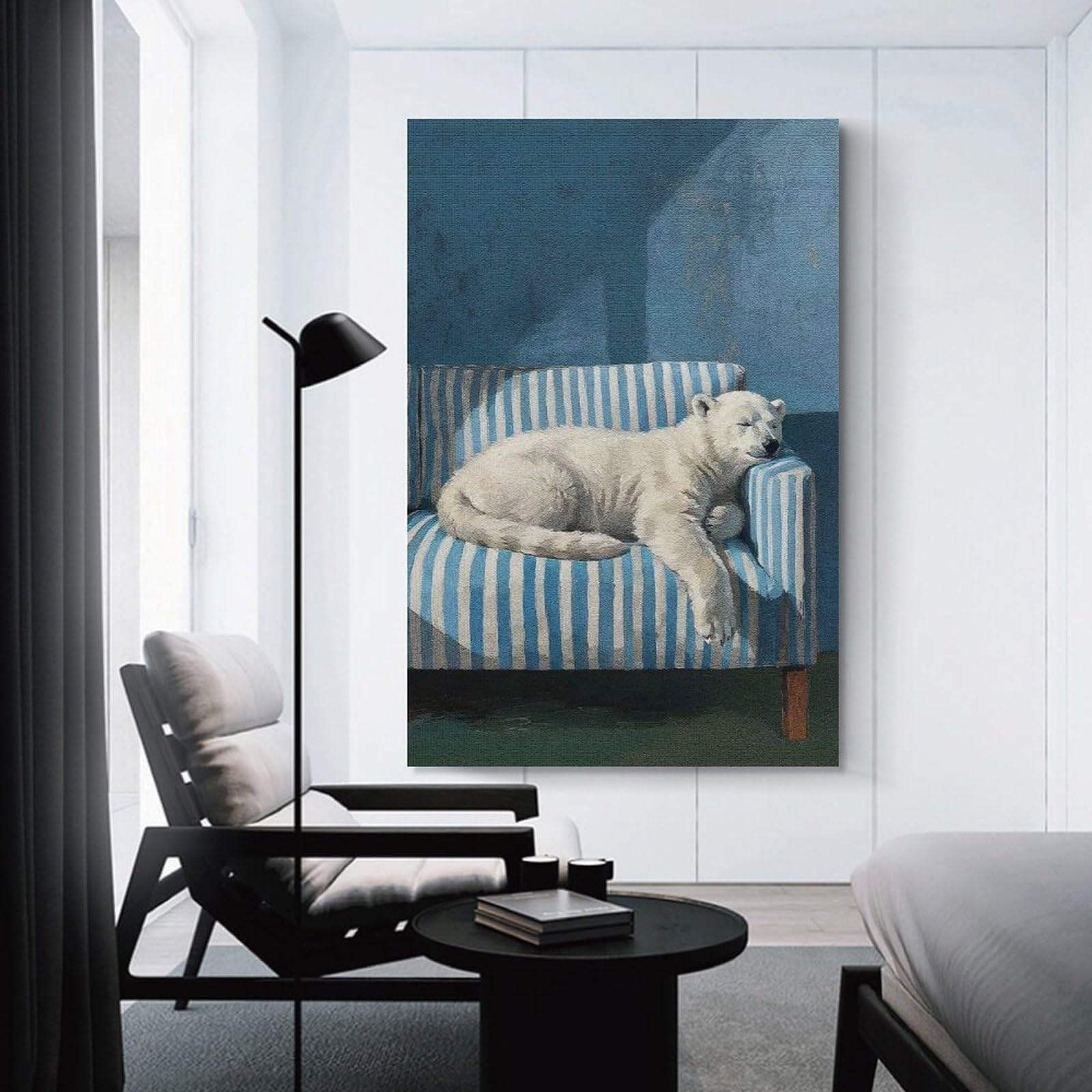 Junmoney Unframe-Style-13-1 Sleeping Polar Bear On Striped Couch Canvas Art Print 20X30inch(50X75cm), For New Homes, Bedrooms Or Workspaces, Gift Idea For Housewarming And Birthdays
