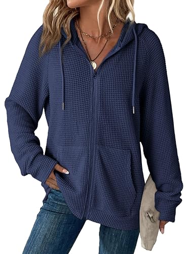 Dokotoo Women's Full Zip Up Hoodies Waffle Knit Long Sleeve