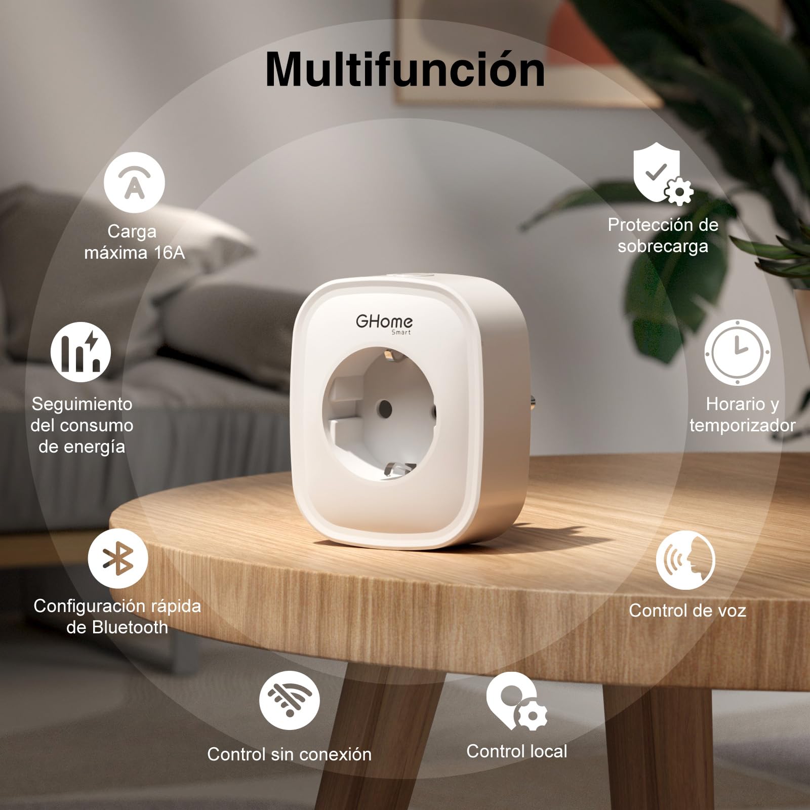 GHome Smart Enchufe Inteligente, 16A Enchufe WiFi Medidor de Consumo, Compatible con Alexa y Google Home, Tomada Inteligente Programable con Temporizador, Control por Voz y APP, 3680W,Solo 2.4GHz WiFi