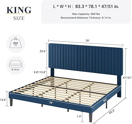 Miniatura 2 de Allewie Base de cama tamaño King, plataforma tapizada de terciopelo con cabecera capitoné de canal vertical ajustable, base de colchón con listones
