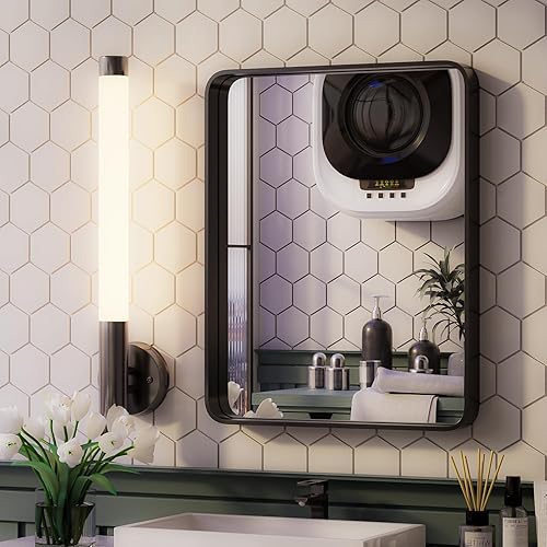 Black Bathroom Mirror for Wall, 20x16 Inch Matte Black Framed Bathroom Vanity Mirror for Farmhouse Living Room Bedroom, Anti-Rust, Tempered Glass, Rounded Corner, Horizontal/Vertical