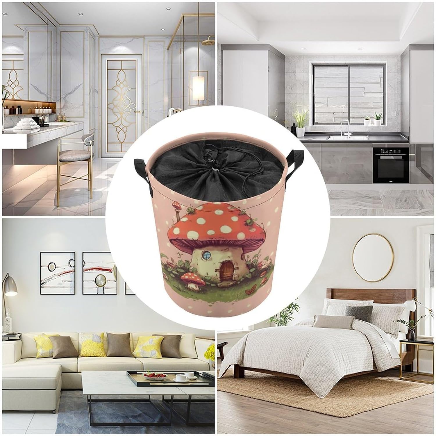 Cute Mushroom House Laundry Basket Collapsible Clothes Hamper with Reinforced Handles Large Capacity Waterproof Laundry Bag Freestanding Laundry Hamper for Bedroom Bathroom