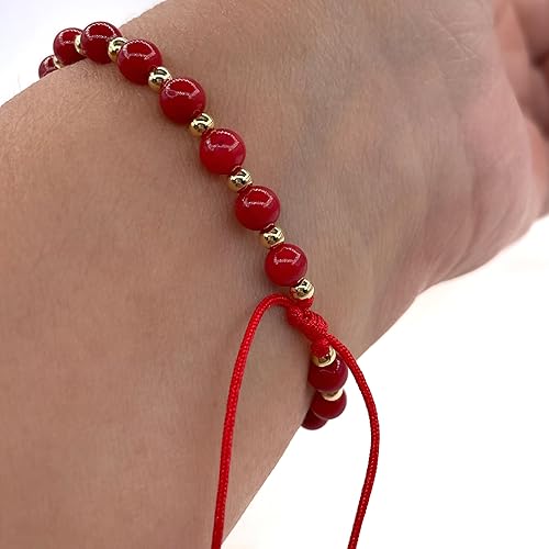 Miniatura 48 de Pulsera ajustable con moneda de San Benito y cuentas redondas naturales de coral rojo para mujer