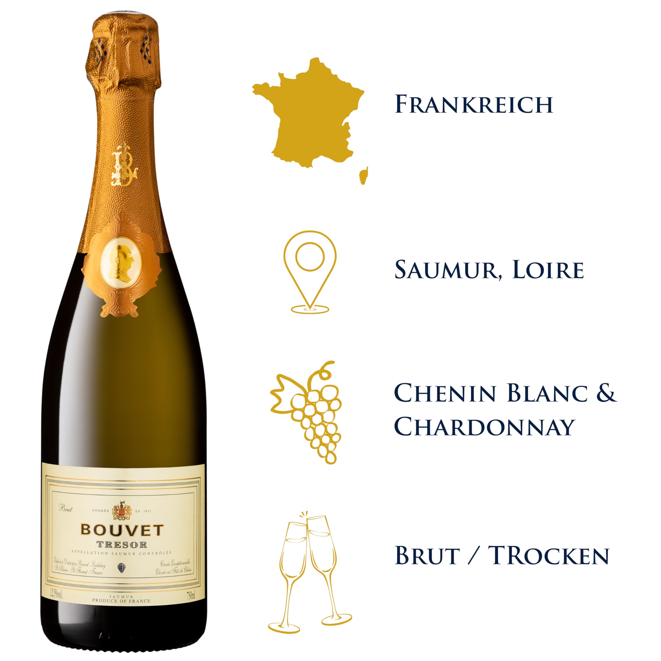 Bouvet Trésor Vintage Saumur Brut AOP - Schaumwein - Im Eichenfass ausgebaut - Chenin Blanc Chardonnay – Feinschmeckerwein - 3 x 0.75 L