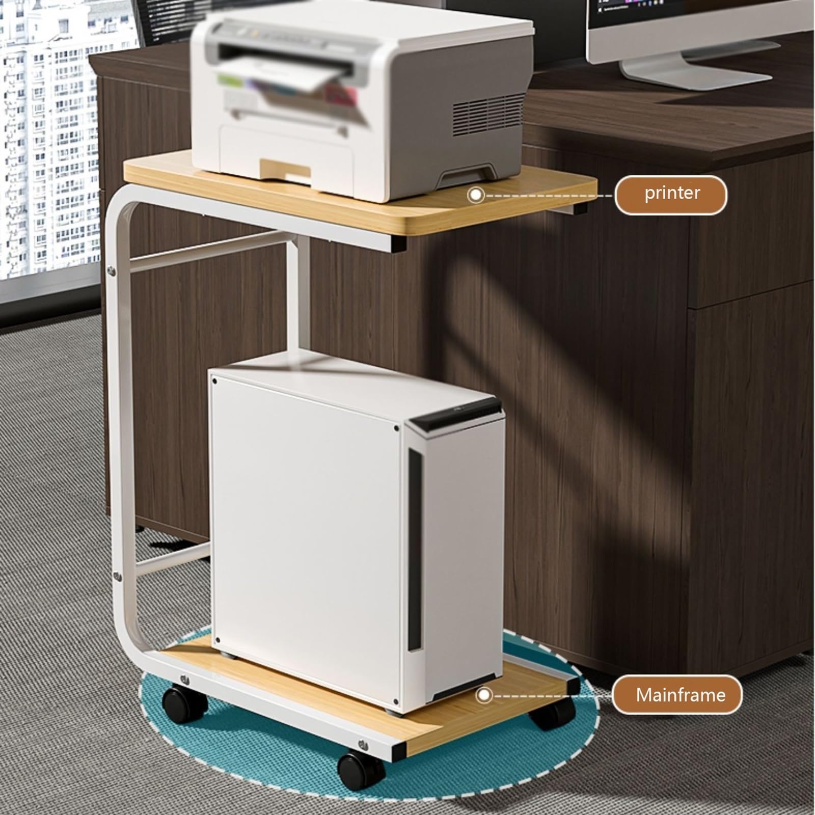 Soporte de CPU en forma de C con ruedas, marco de metal de 2 niveles, soporte de torre de PC para oficina en casa, se adapta a la mayoría de torres de computadora, acabado natural, diseño móvil y