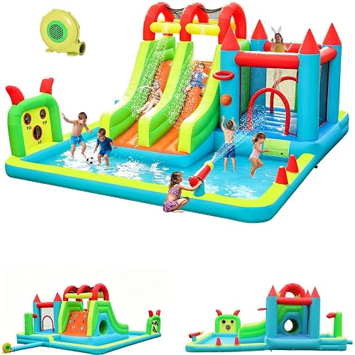 Inflatable Water Slide Park 18x15FT Mega Water Park Bounce House w/Double Waterslide Large Splash Pool, Deep Pool, Shower,Water Cannon,Climbing Wall and Jumping Bouncer for Backyard Outdoor