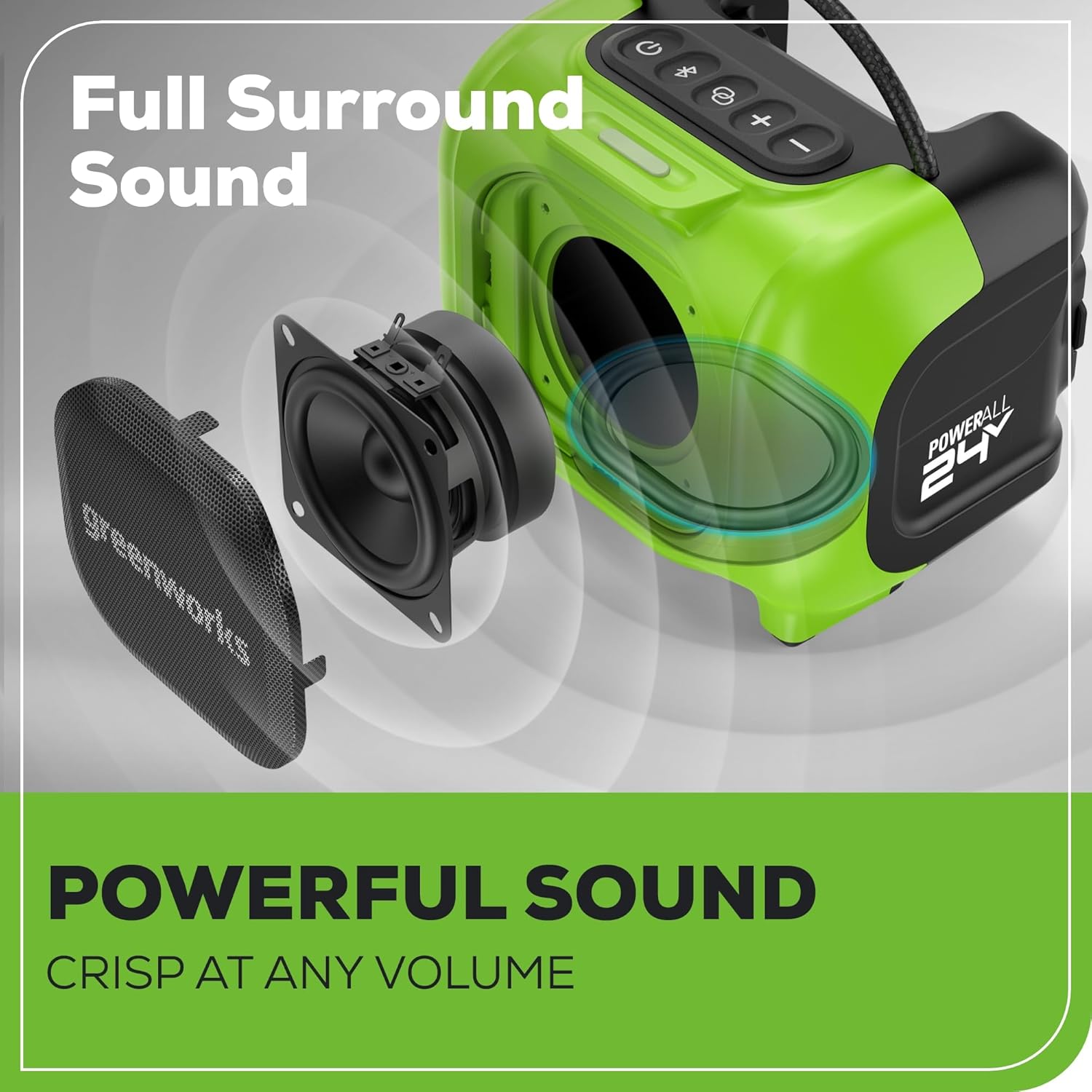 Greenworks 24V Bluetooth Compact Speaker, AC/DC Wireless Portable Worksite Speaker, 2Ah Battery and Charger Included