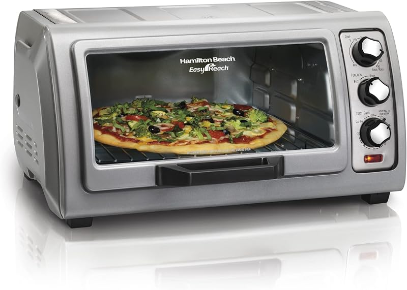 Horno tostador de encimera de 6 rebanadas de fácil alcance | Puerta enrollable para fácil acceso | Funciones de hornear, asar y tostar | Temperatura ajustable de 150 a 450 °F | Apagado automático | Plata