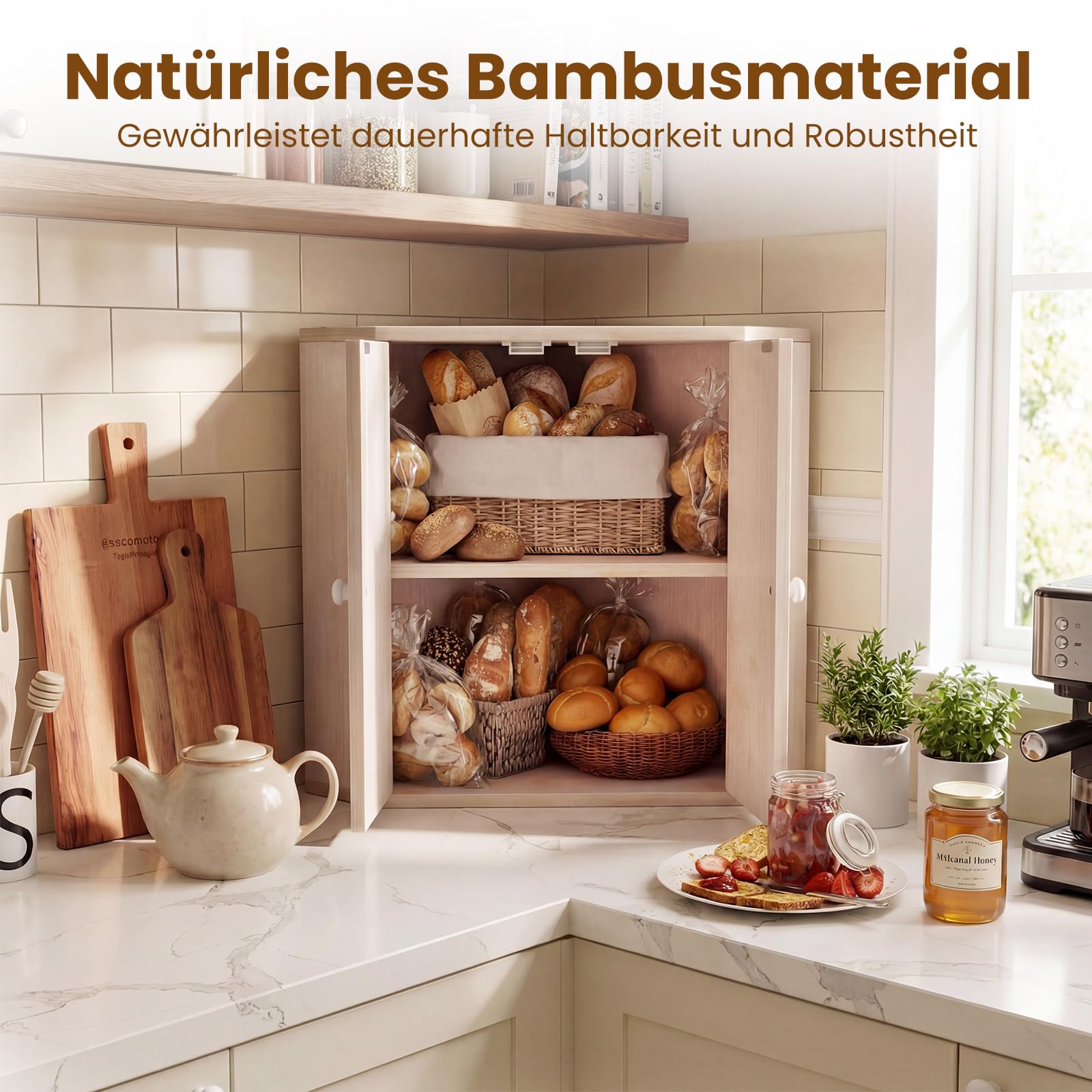 COSTWAY Brotkasten Bambus, Eck Brotbox 2 Etagen, Brot Aufbewahrungsbox mit verstellbarem Regal & 2 Türen, großer Brotbehälter für Küche, Bread Box stilvoll, 31 x 31 x 41 cm, Vintage