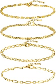 14K Gold Chai14K Gold Chain Bracelets Set for Women, Dainty Paperclip Link Bead Stackable Layered Bracelets Metal Fashion Jewelry