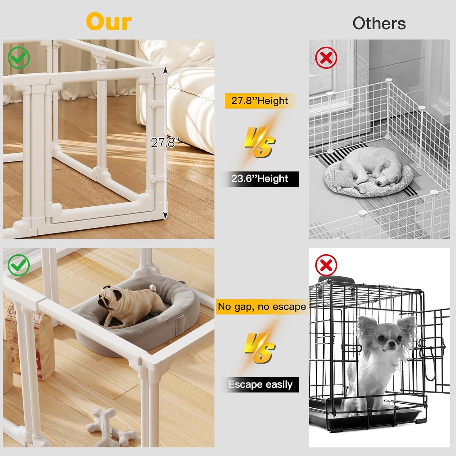 Increased 27.8''H Acrylic Indoor Dog Playpen for Puppies and Small Dogs Plastic Pet Playpen with Door Clear Pet Play Pen White 10 PCS