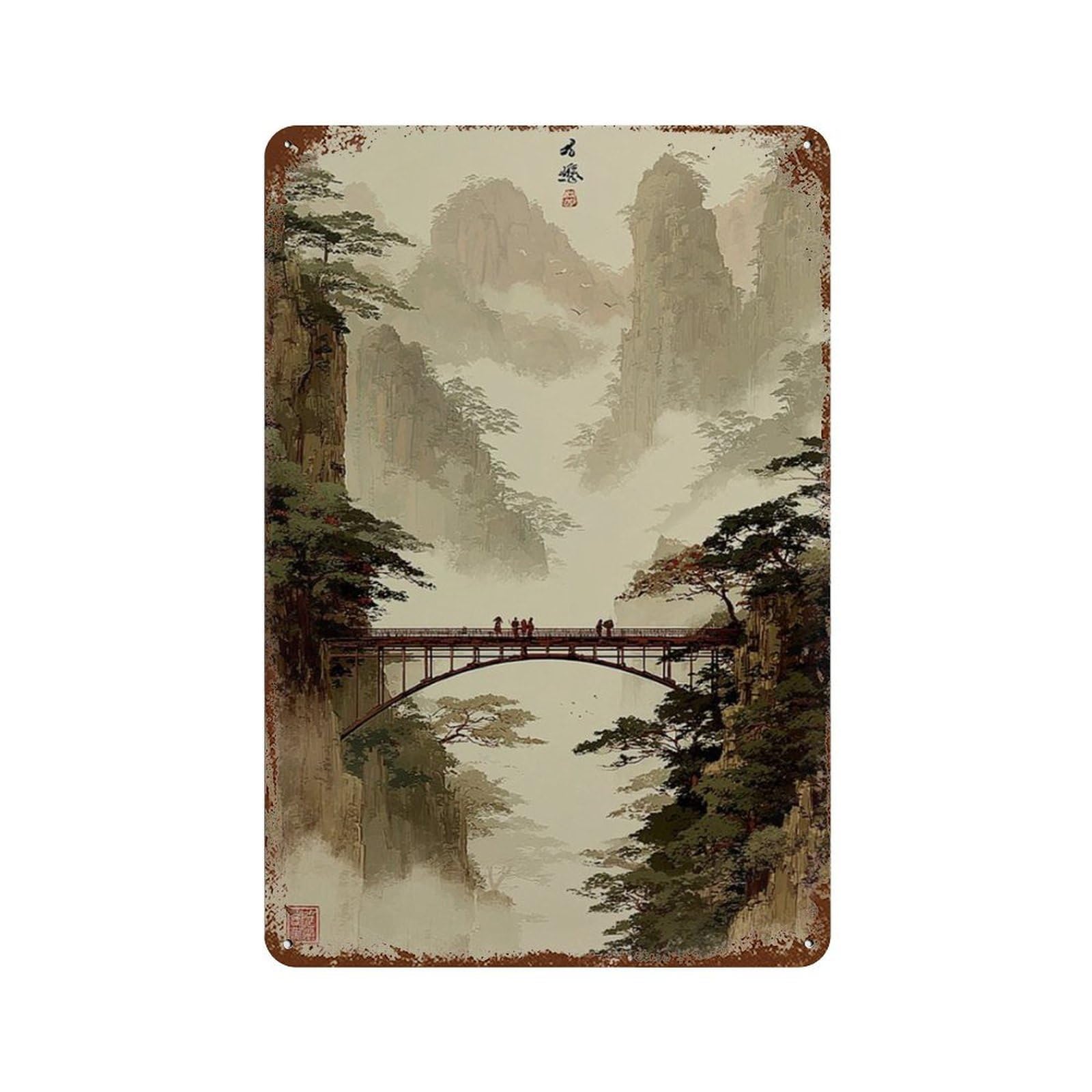 xiaoxiaoshen Japanese Mountain Bridge Misty Landscape Oriental Scenic Nature Wall Decor Art Metal Tin Poster Modern Home Decor Art Home Bar Shop Decorations Vintage Sign 30x20cm