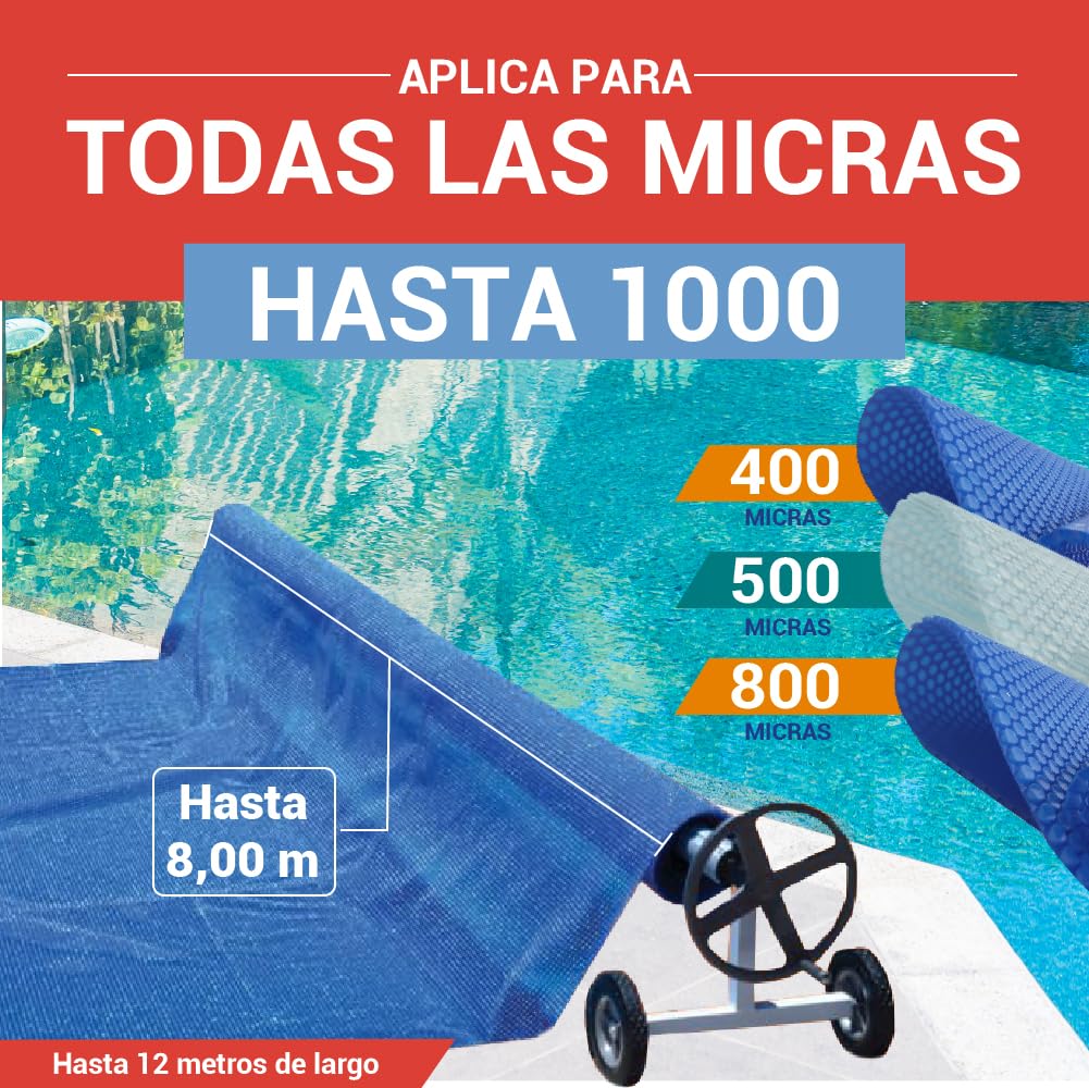 Piscihogar Enrollador Manta Piscina Thermal Lux 8.0 |hasta 1000 micras |Tubo Central Extensible de 1,0-6,2 a 8,0 m