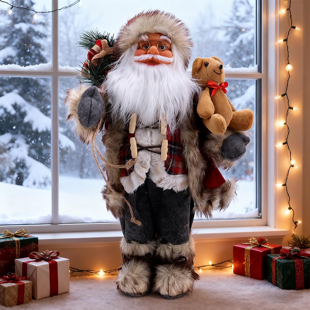 Grande décoration de Père Noël debout - Figurine de Noël debout - Décoration de Noël d'intérieur - Fausse fourrure - Figurine de Père Noël debout traditionnelle pour table de vacances - 45,7 cm