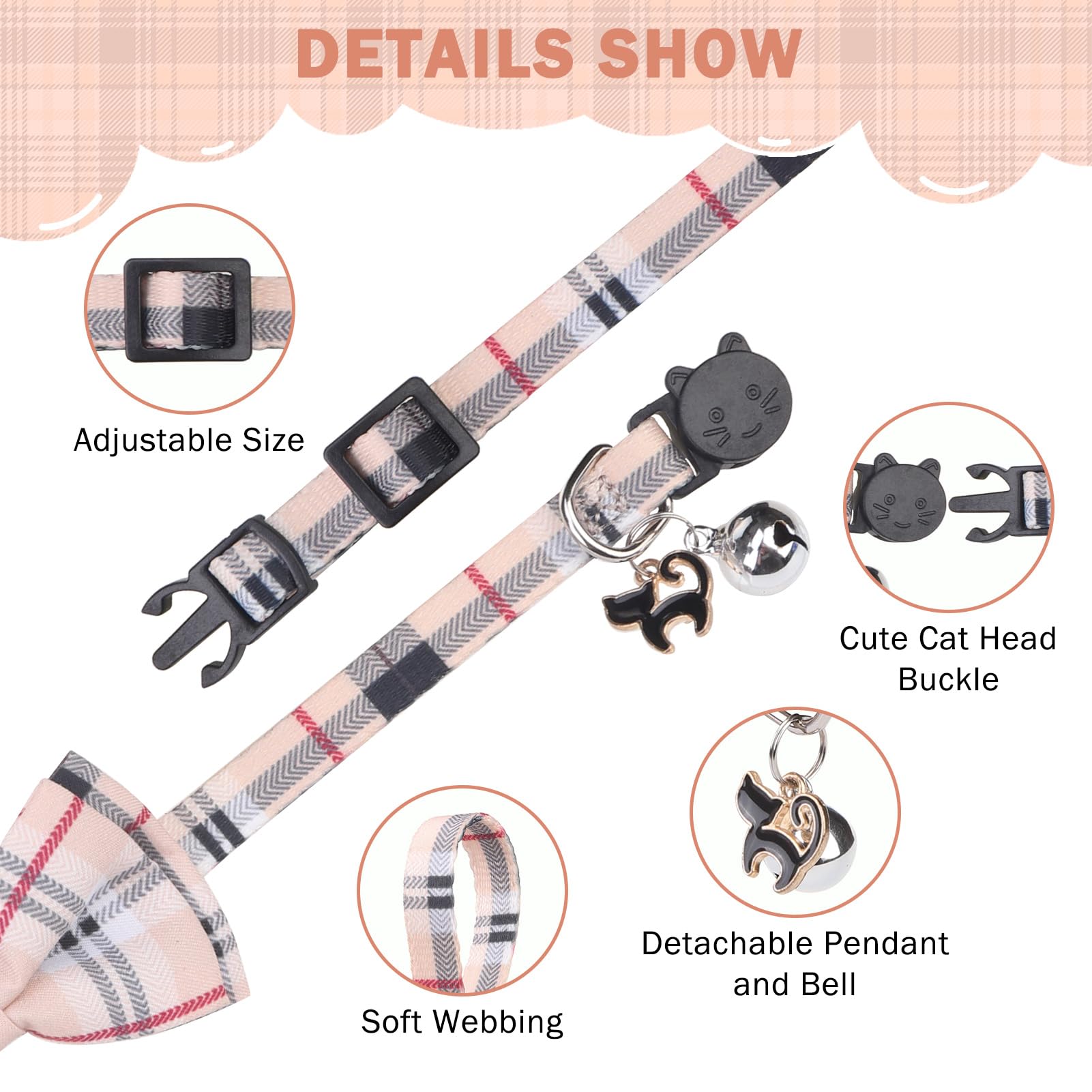 SCENEREAL Lot de 2 colliers pour chat avec clochettes, bandana amovible et réglable avec nœud papillon pour animaux de compagnie, petits chiens, garçons et filles, motif écossais beige