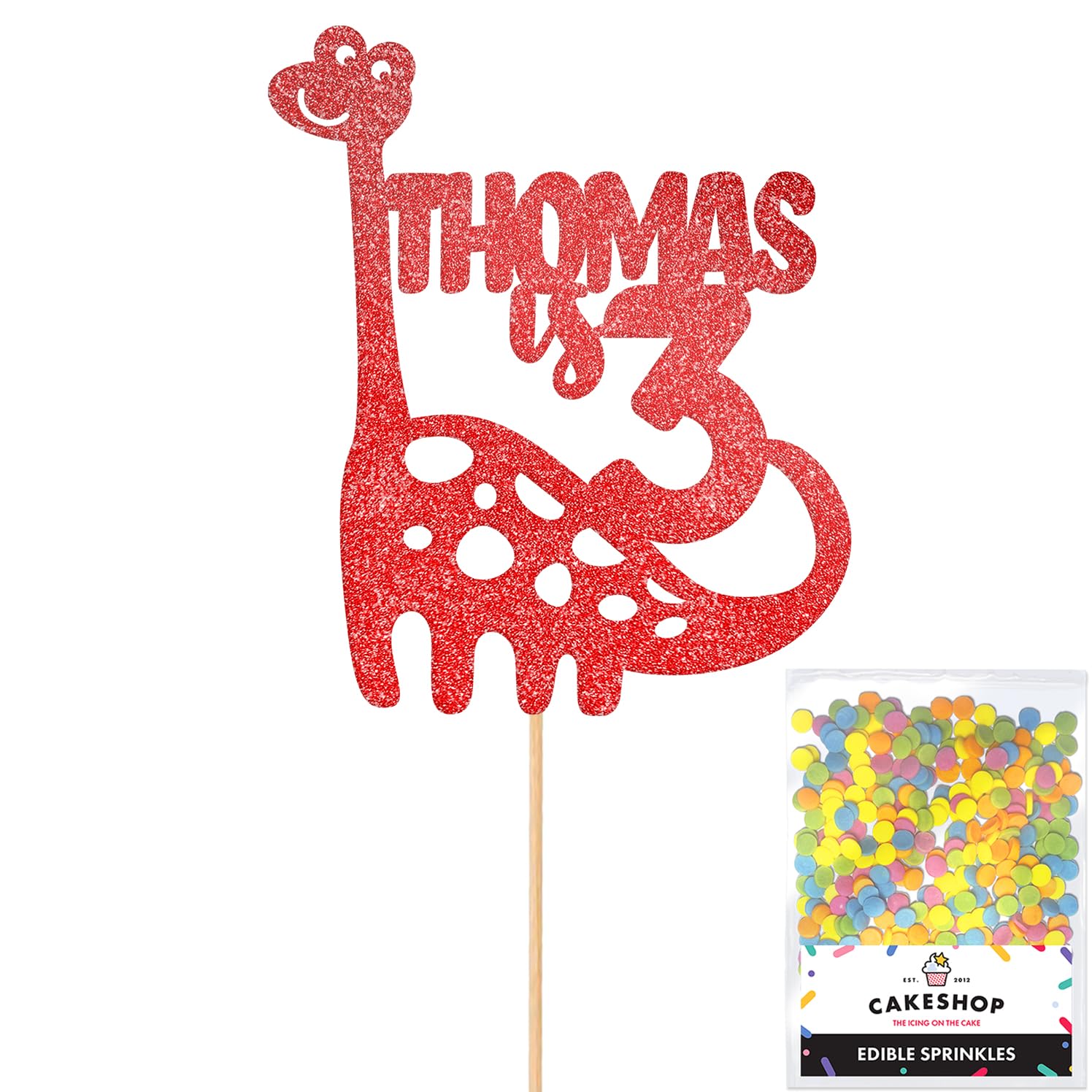 Personalised Birthday Dinosaur Glitter Cake Topper- Red Any Name & Age Glitter Cake Decoration and Sprinkles - Happy Birthday Decorations - Personalised Toppers for Cakes by Cakeshop