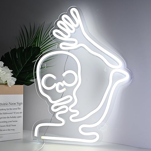 Miniatura 4 de Britrio Decoración de Halloween con diseño de calavera de Halloween, letrero de neón LED, esqueleto para pared, luz decorativa para ventana,