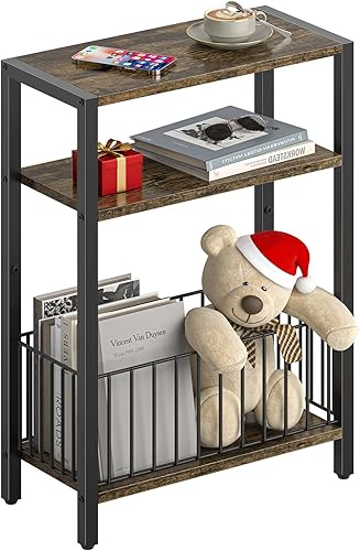 Yoobure Mesa auxiliar estrecha con cesta de almacenamiento, mesa auxiliar pequeña para espacios pequeños, mesas auxiliares delgadas, sala de estar,