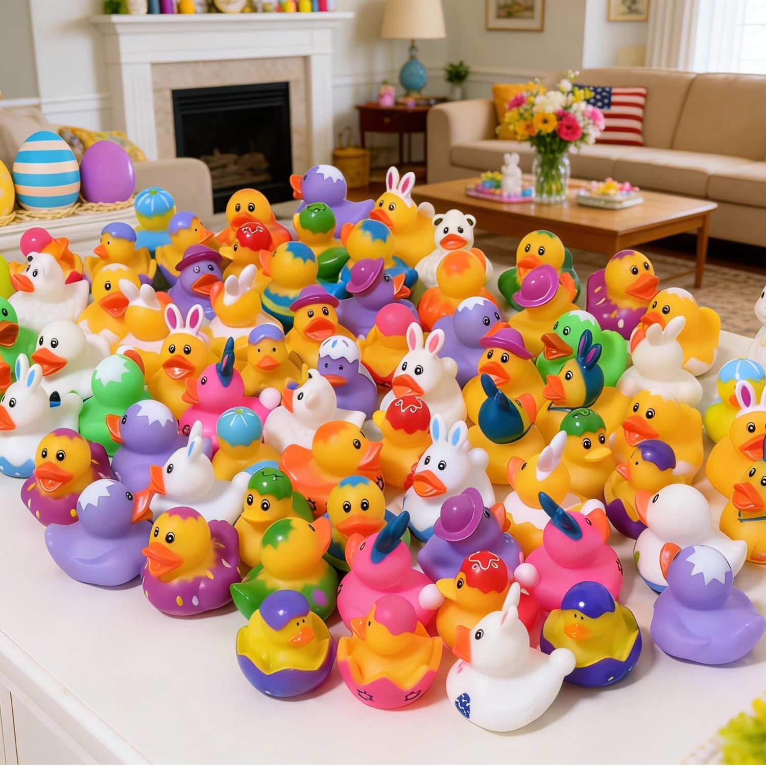 72PCS Easter Rubber Ducks Bulk Rubber Ducks for Jeeps Easter Bunny Ducks Basket Stuffers Easter Bulk for Kids Baby Bath Toys Easter Party Favor