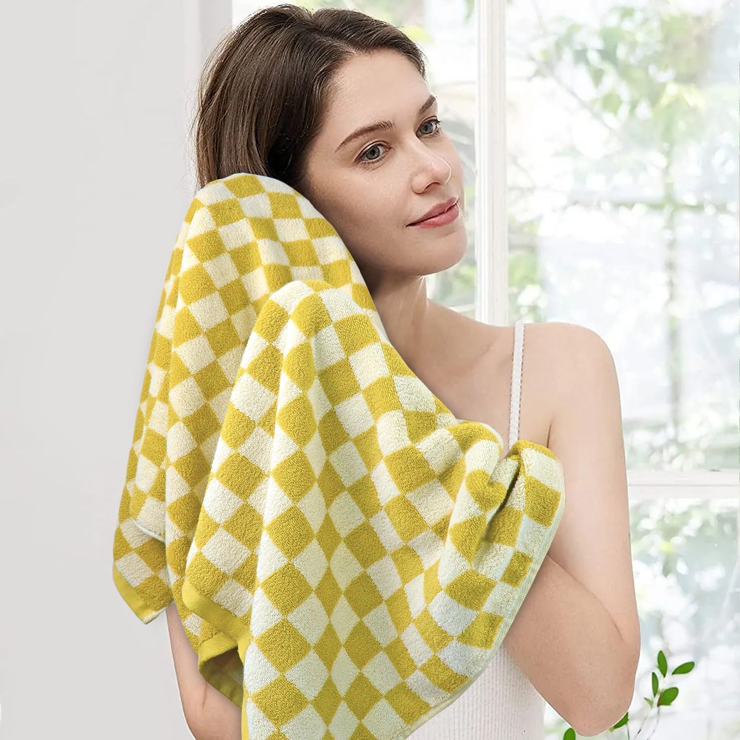 Lot de 2 serviettes de bain de luxe d'automne en coton à carreaux pour séchage du corps, 140 x 69 cm, jaune moutarde