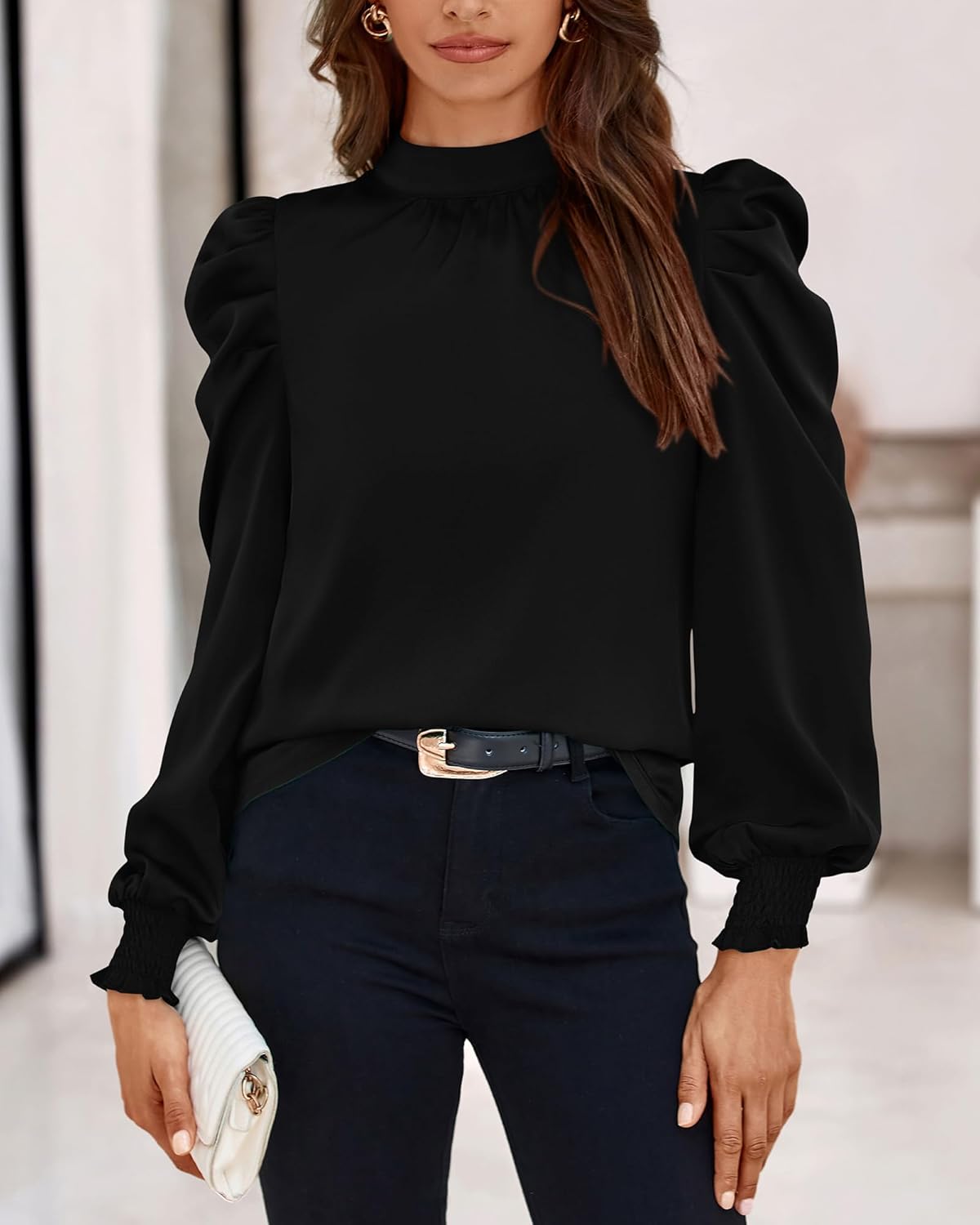 BTFBM Mock Neck Long Sleeve Blouses for Women Dressy Casual Business Work Shirts 2026 Spring Fall Clothes Satin Tops - Image 6