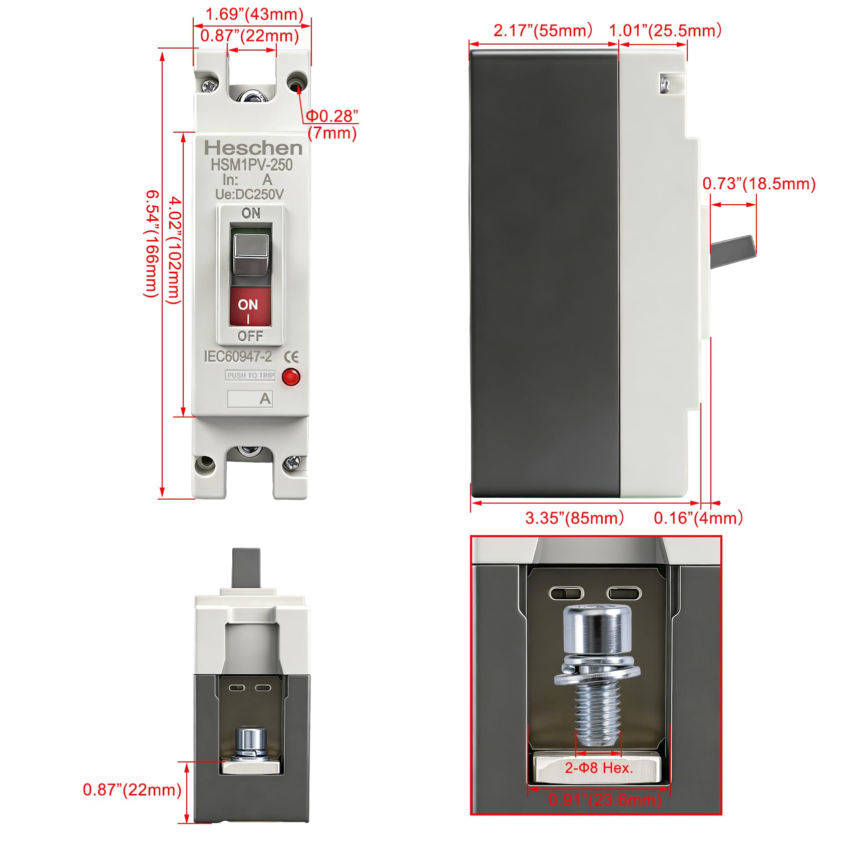 Heschen Interruttore DC MCCB 1 polo, DC250V interruttore fotovoltaico, per impianto solare PV (250A HSM1PV-250)