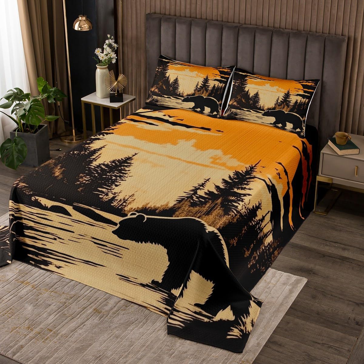 jejeloiu Bear Bedspread Quilts Rustic Coverlet Set Twin Size for Kids Boys Girls Cabin Country Bear Quilted Coverlet for All Season with 1 Pillowcase Farmhouse Microfiber Wildlife