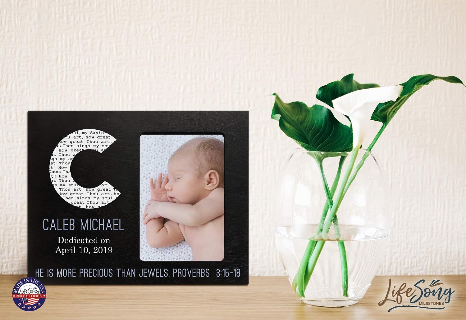 LifeSong Milestones Personalized Baby Birth Newborn Announcement Arrival Photo Frame with Stats Blessing for Child 8” x 10” Picture Frame Holds 4” x 6” Photo More Precious (Scripture Black)