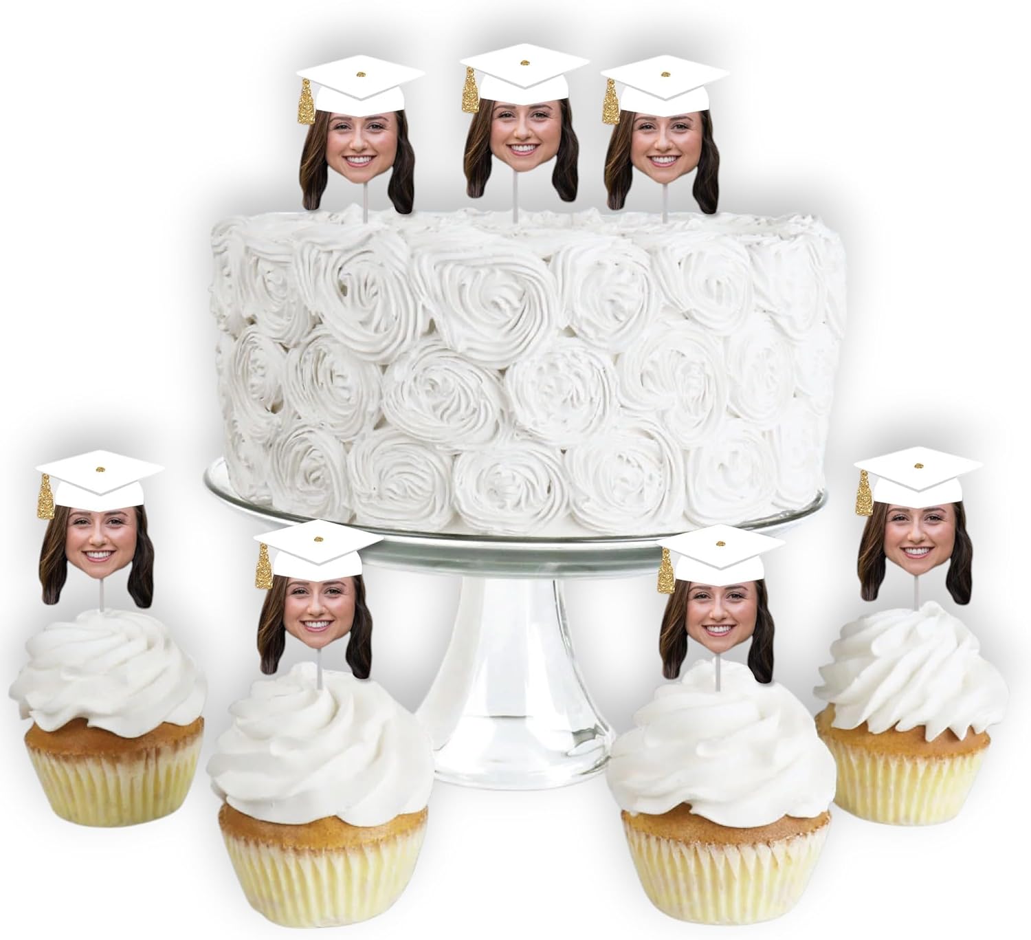 Big Dot of Happiness White and Gold Grad Cap Fun Face Treat Picks, Personalized Graduation Party Dessert Cupcake Toppers, Custom Photo Head Cut Out, Set of 24