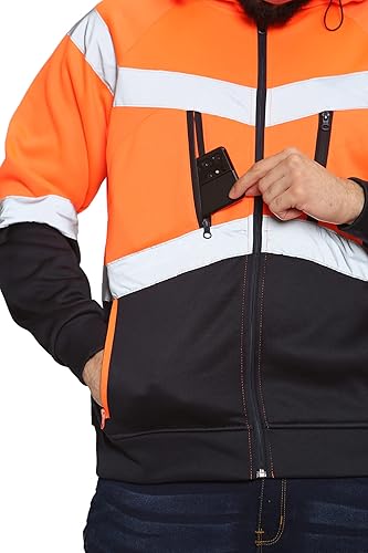 Romaans Hi Vis Hoodie Sweatshirt Safety Work Reflective Jumper Hoodie High Viz Hoodie High Visibility Sweatshirt 3 Zipped Pocket (Orange Tone, S