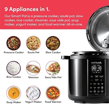 Nutricook Smart Pot 2, 6 Liters, 9 In 1 Electric Pressure Cooker, Slow Cooker, Rice Cooker, Steamer, Sauté Pot, Yogurt Maker & More, 12 Smart Programs With New Smart Lid,