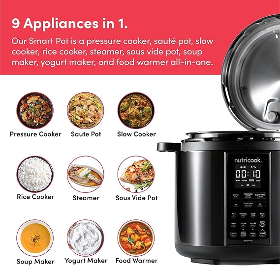 Nutricook Smart Pot 2, 6 Liters, 9 In 1 Electric Pressure Cooker, Slow Cooker, Rice Cooker, Steamer, Sauté Pot, Yogurt Maker & More, 12 Smart Programs With New Smart Lid,