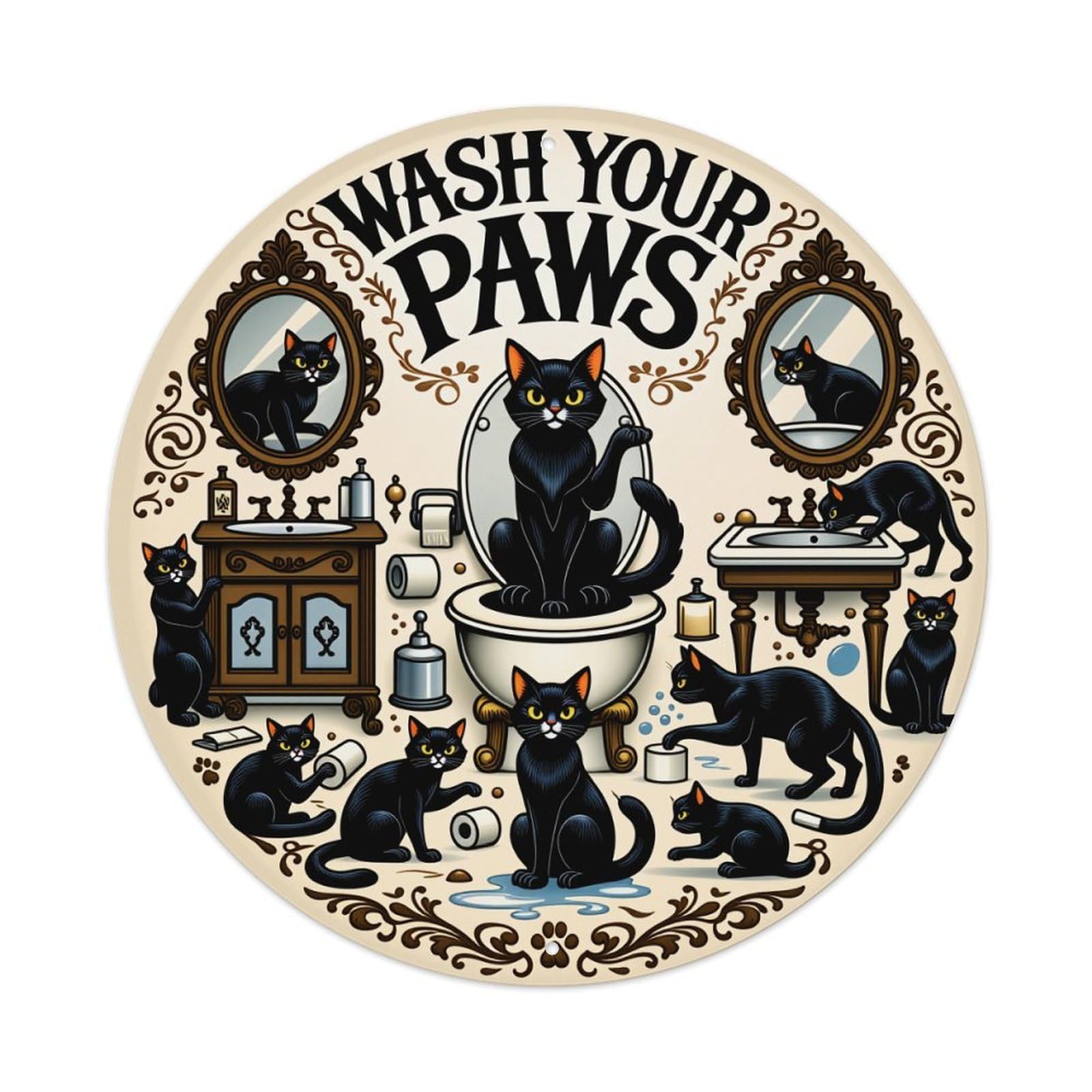 Black Cats Bathing In Vintage Bathroom Scene Metal Tin Sign Plaque