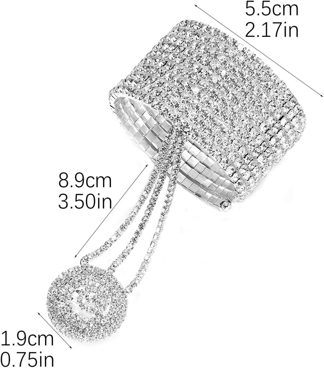 Jumwrit Shiny Finger Ring Hand Chain Bangle Bracelet Sparkle Rhinestone Multi Layers Link Hand Harness Cosplay Open Ring Cuff Bracelet Wedding Bridal Accessories for Women - Image 7