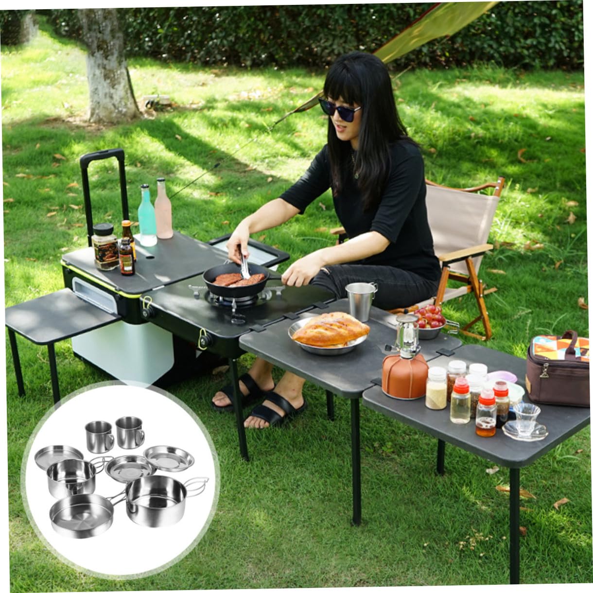 VICASKY Kit de Casseroles en Acier Inoxydable Pliable pour Camping et Randonnée, 8 Pièces Résistantes à l'usure, Ensemble Portable pour 5-6 Personnes en Plein Air