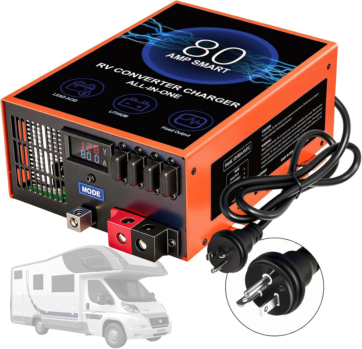 80 Amp RV Power Converter, 120V AC to 12V DC RV Converter Battery Charger, Compatible With Lithium Batteries Lead-Acid Batteries, Adjustable Voltage 13V-16.5V, Suitable for RV, Boat & Off-Grid Systems
