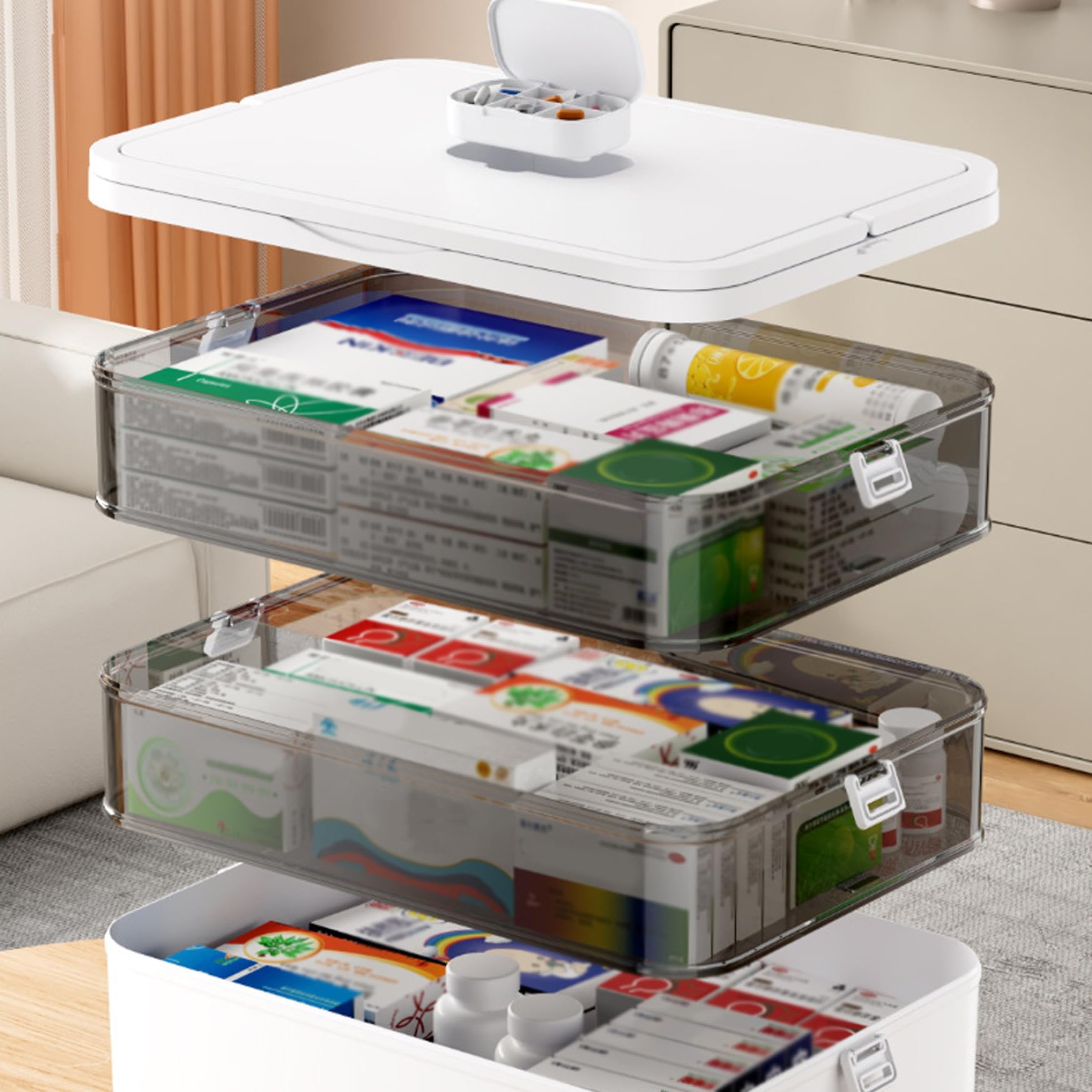 Scatola di stoccaggio dei medicinali, scatola di organizzatore di medicina in plastica trasparente per cabinetto di stoccaggio di pronto soccorso partizionamento a 3 livelli con manico a grande cap