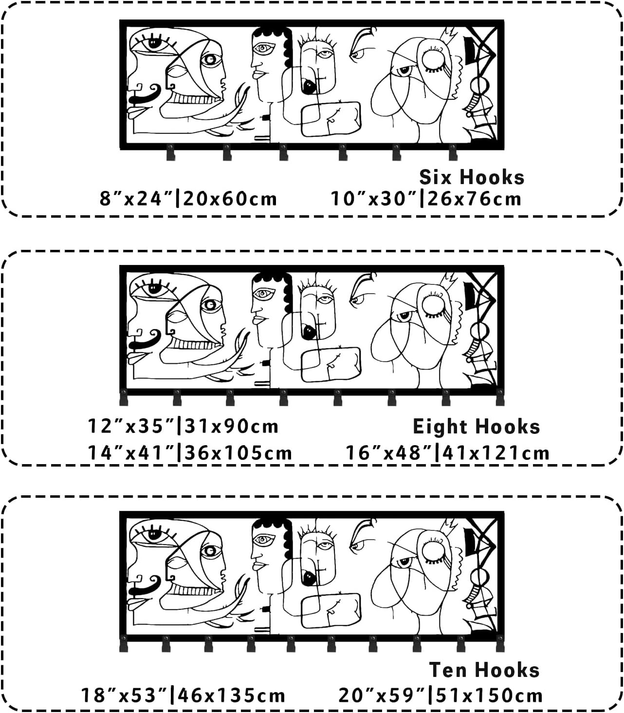 Picasso Face Metal Coat Rack, Abstract Faces Coat Hooks Wall Art, Minimalist Line Wall Mount, Abstract Modern Key Clothes Hat Holder, Entryway Wall Hanger (Black, 12"x35"|31x90cm)