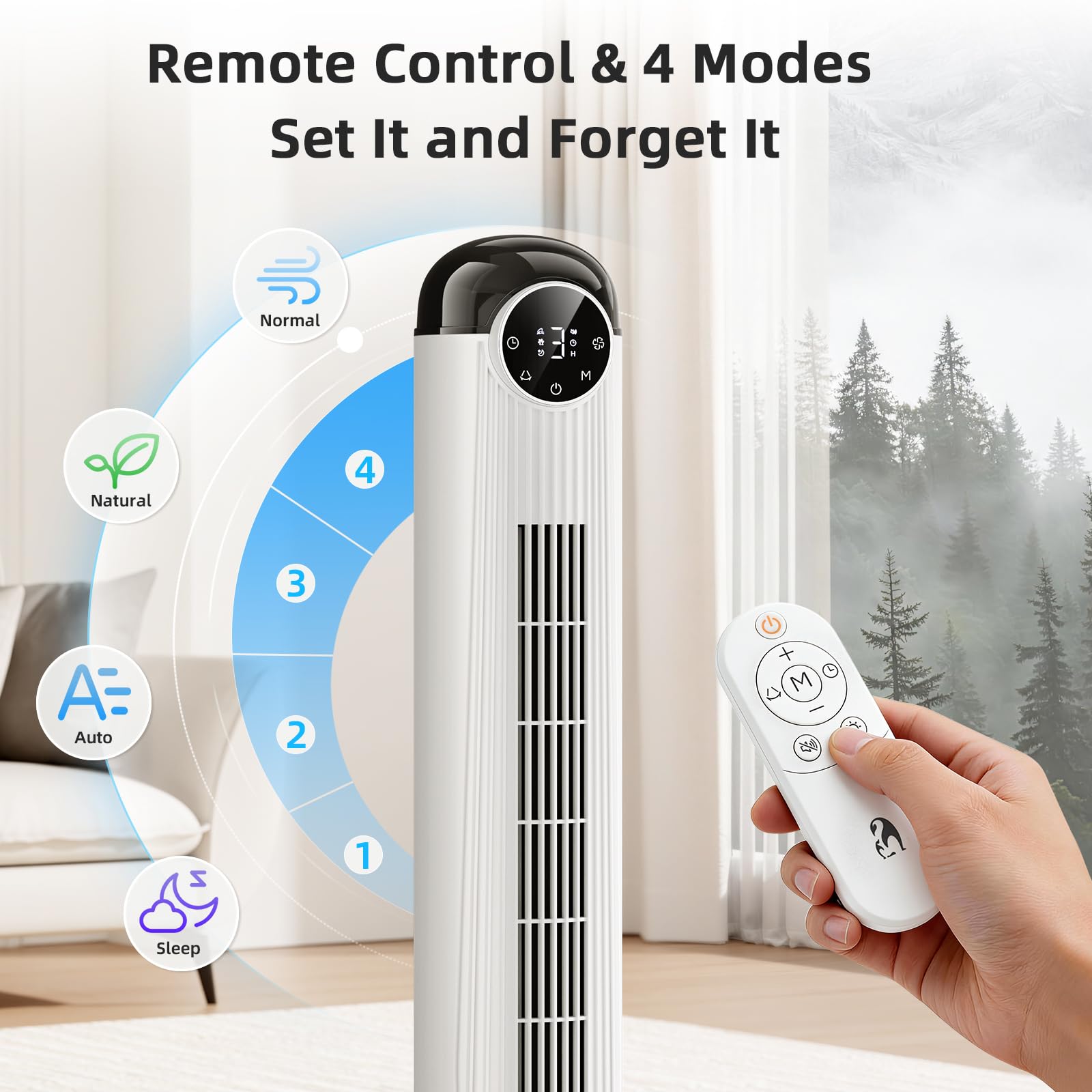Antarctic Star Ventilatore a torre, 106,7 cm, oscillante, senza pale, con telecomando, 6 velocità e 4 modalità, display LED, timer da 9 ore, silenzioso