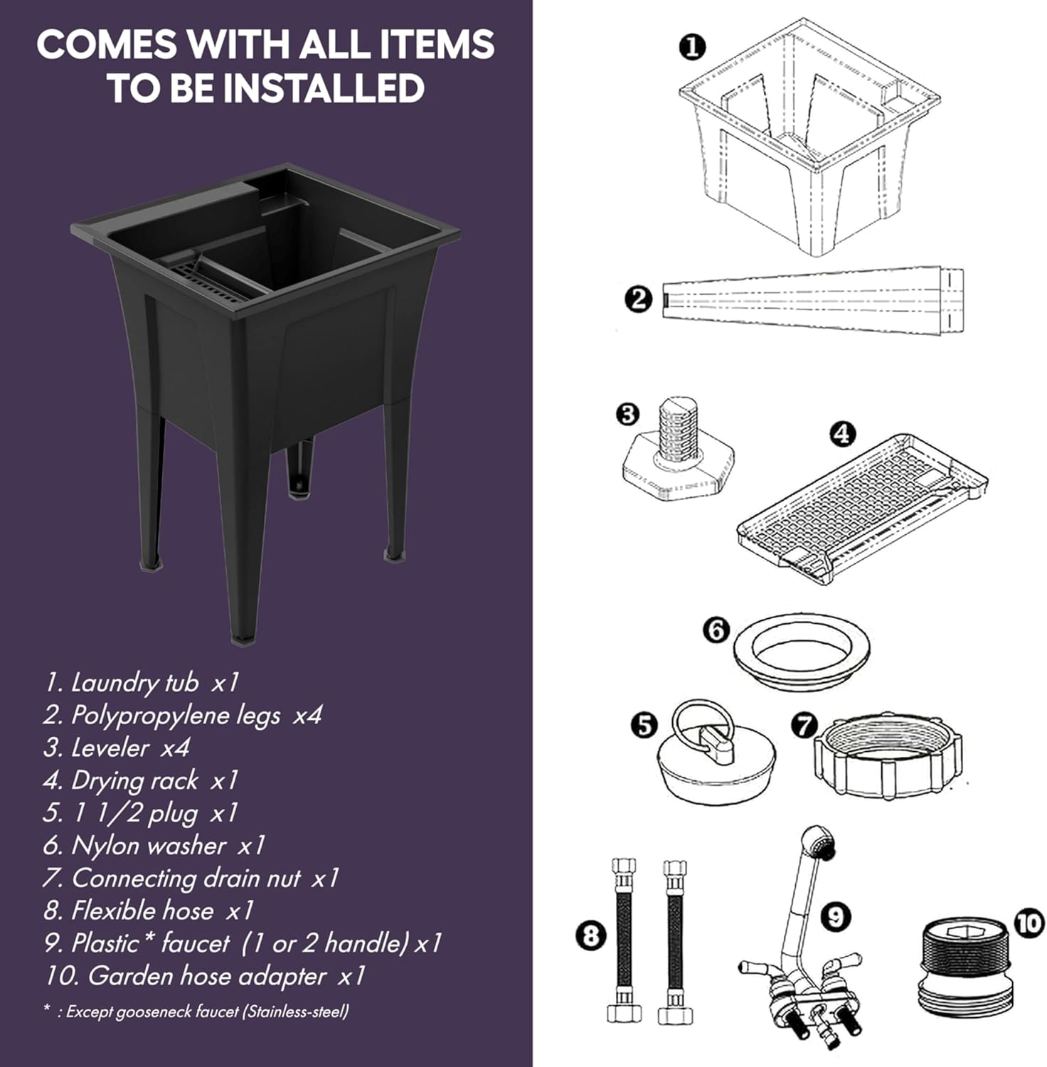 Freestanding Utility Sink with Two Handle Chrome Faucet - 24" Plastic Utility Sink for Garage, Laundry, Indoor and Oudoor Use - Laundry Tub Kit by Noah William Home - Black (19.5 gal)