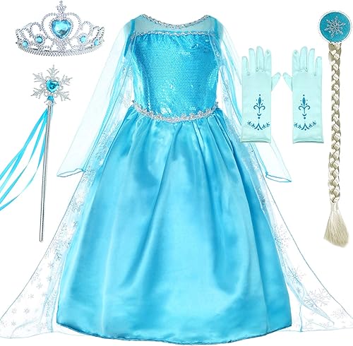 Miniatura 5 de Disfraces de princesa para niñas pequeñas, fiesta de cumpleaños con peluca, corona, maza, guantes, accesorios de 3 a 10 años