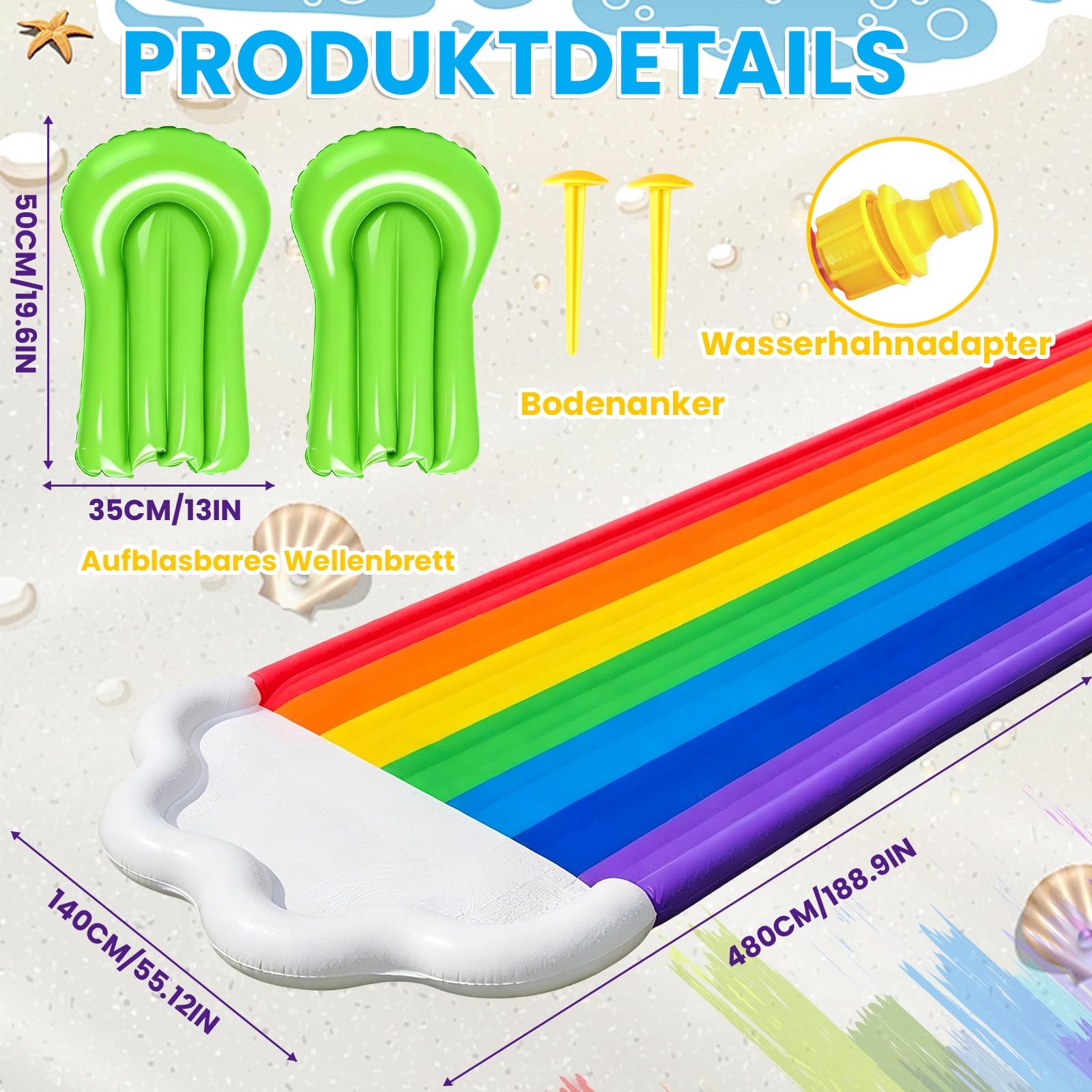 Morofme Toboggan aquatique arc-en-ciel pour enfants, 480 x 140 cm, double toboggan d'eau avec planche de bodyboard, toboggan d'eau avec pulvérisateur d'eau, pour adultes, enfants, extérieur, pour