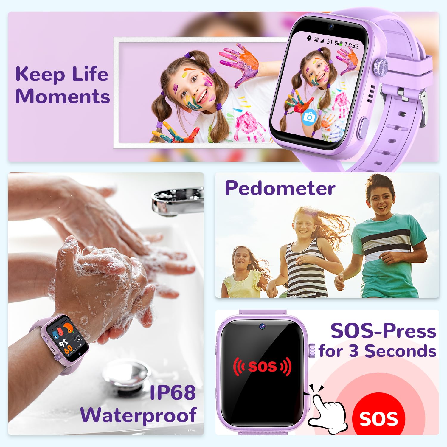 4G Smartwatch Bambini con Chiamate, Videochiamate, Chat Vocale, WiFi, GPS, SOS, SMS, Impermeabile IP68, modalità Scuola e Contapassi, Schermo HD da 1.83'' Viola