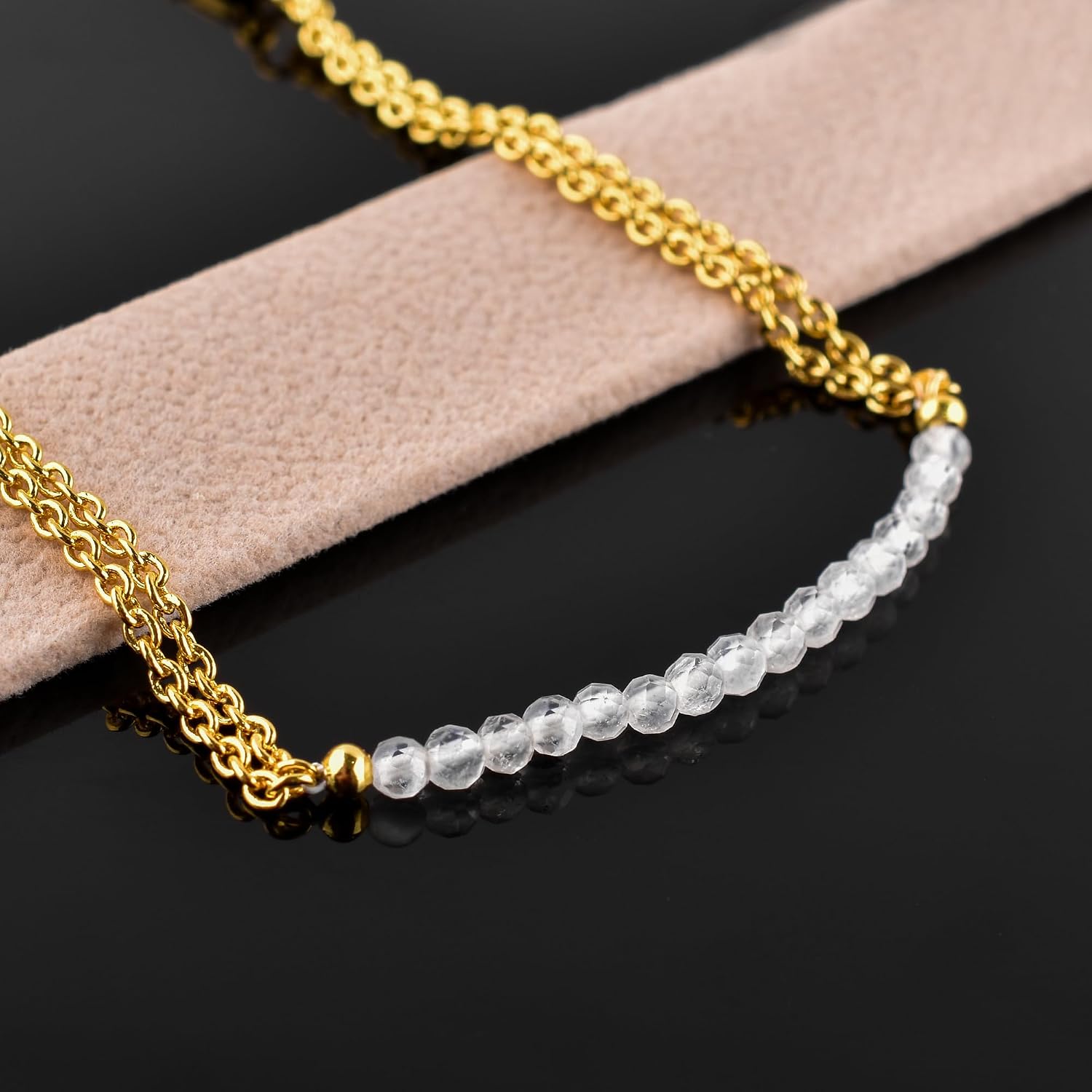 InfinityGemsArt Bracelets for Women Natural Birthstone Micro Beaded Stone Double Chain Drop Crystals Gemstones Bracelet Jewelry, 14K Gold Plated Adjustable Chain
