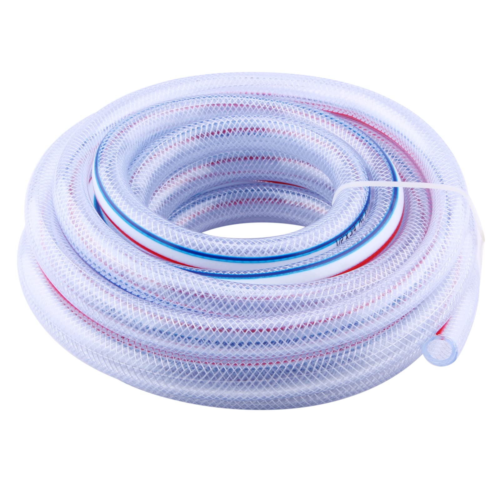 Tubo de PVC trenzado suave - Manguera de vinilo reforzada con tubo de PVC flexible de alta presión de 1/2 x 3/4 pulgadas OD para agua, aceite con 2 abrazaderas de manguera (25 pies)