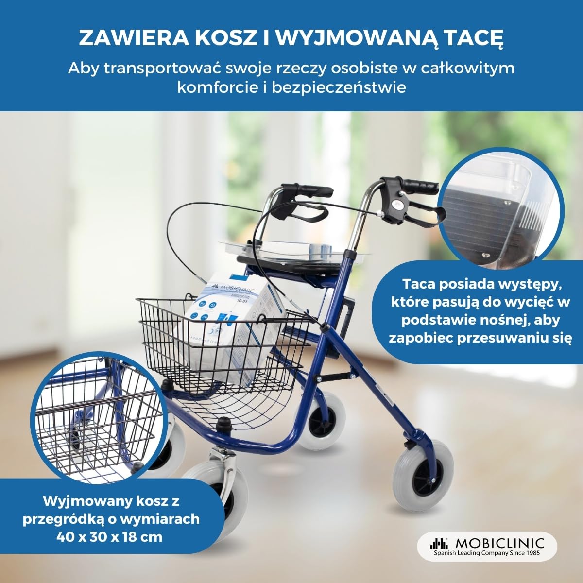 Mobiclinic, Rollator dla seniorów, Victoria, Składany, Aluminium, Regulacją wysokości, Wyściełanym siedziskiem i oparciem, Hamulce z dźwigniami, Taca kosz, Starszych, 4 kółka, Lekki