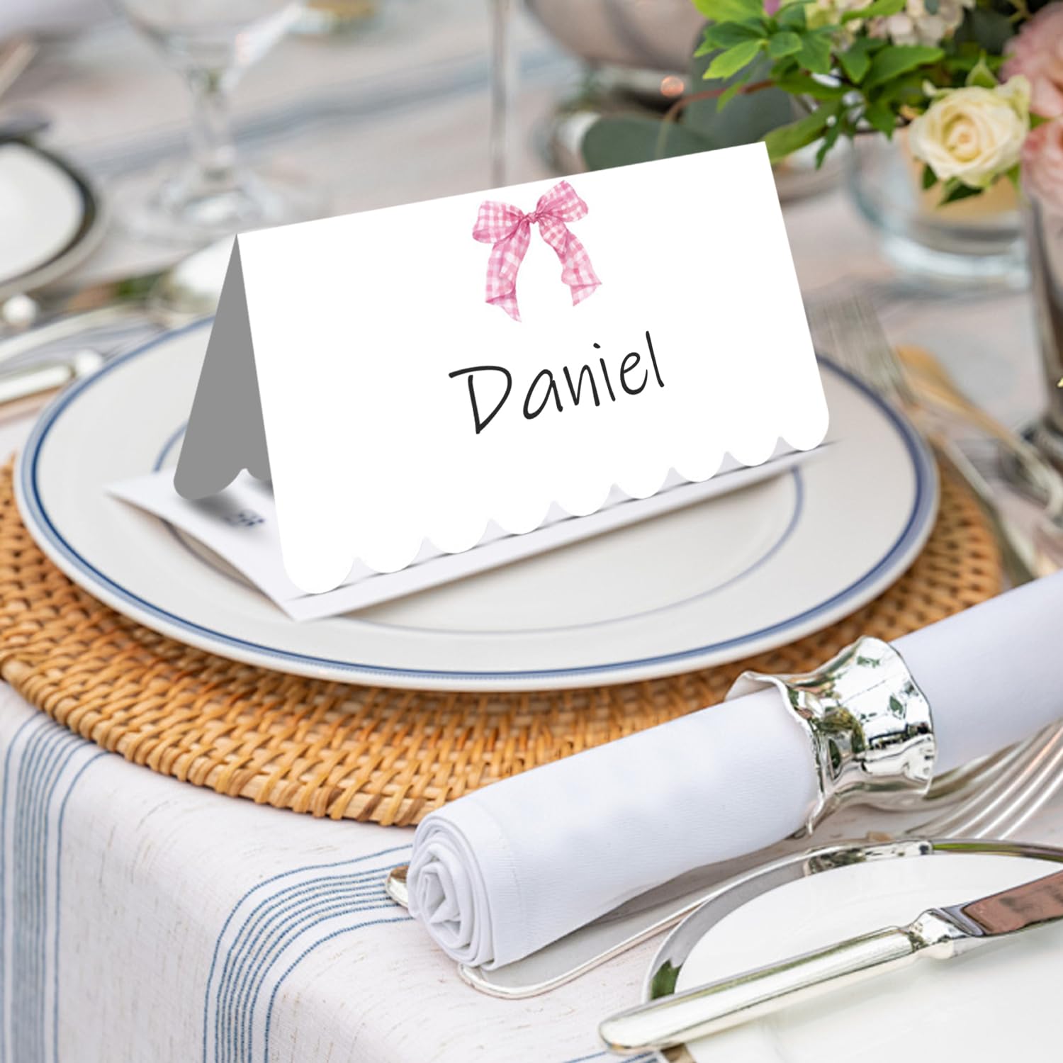 50 Pink Bow Place Cards | Printable Tent Name Cards For Wedding, Baby Shower, Birthday Parties